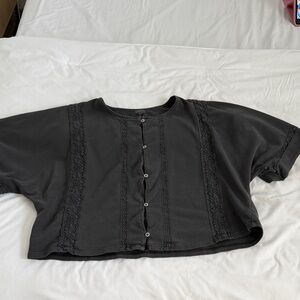 Aerie Charcoal Button-Up Shirt with Lace Detail